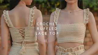 Crochet Ruffled Lace Top Tutorial  Chenda DIY [upl. by Aicelef598]