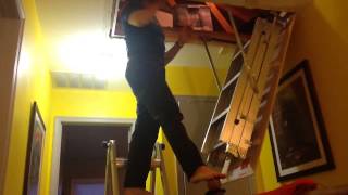 Attic Stair Installation one person [upl. by Ylrebmyk]