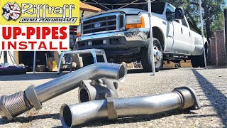 2001 F350 73  RiffRaff UpPipes Install  Stock up pipes leaking and falling apart JUNK SP [upl. by Atinuaj]