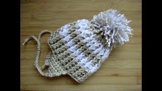 Easy crochet Baby hat Pom Pom tutorial 612 months Ear flaps Happy Crochet Club [upl. by Roldan282]