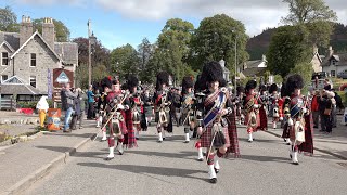 Massed Pipes and Drums march to the 2019 Braemar Gathering in Royal Deeside Aberdeenshire Scotland [upl. by Elohcim]