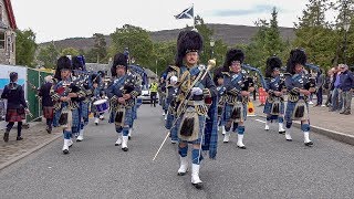 RAF Central Scotland Pipes amp Drums parade through village to 2018 Braemar Gathering Highland Games [upl. by Walston]