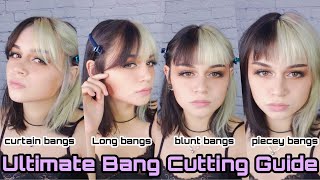 Hairstylist shows you 4 ways to cut BANGS at HOME Curtain Bangs to piecey fringe [upl. by Eustatius761]